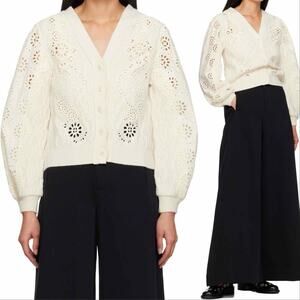 Sea New York Lainey Eyelet Balloon Sleeve Wool Blend Cardigan Cream XS
